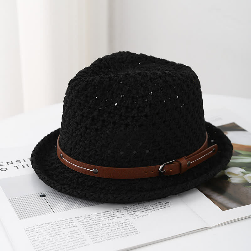 Chapeau Fedora en paille ajourée avec lanière décorative en cuir pour homme