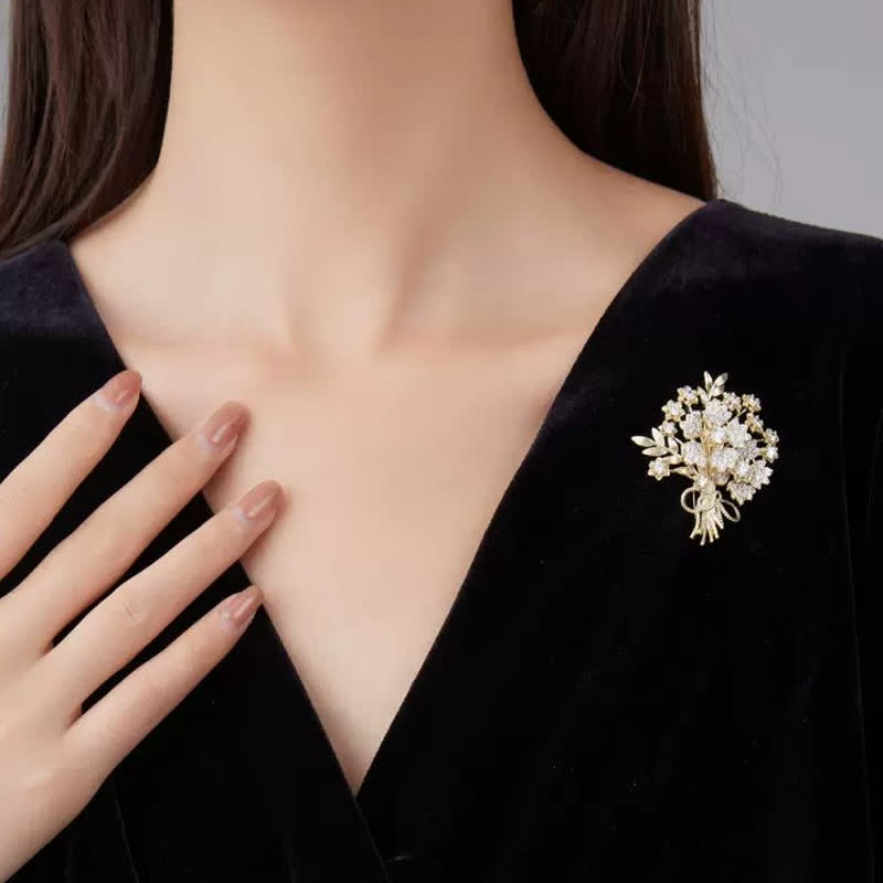 Broche bouquet de fleurs de mariée en strass dorés pour femme