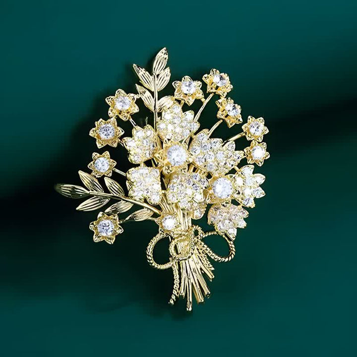 Broche bouquet de fleurs de mariée en strass dorés pour femme