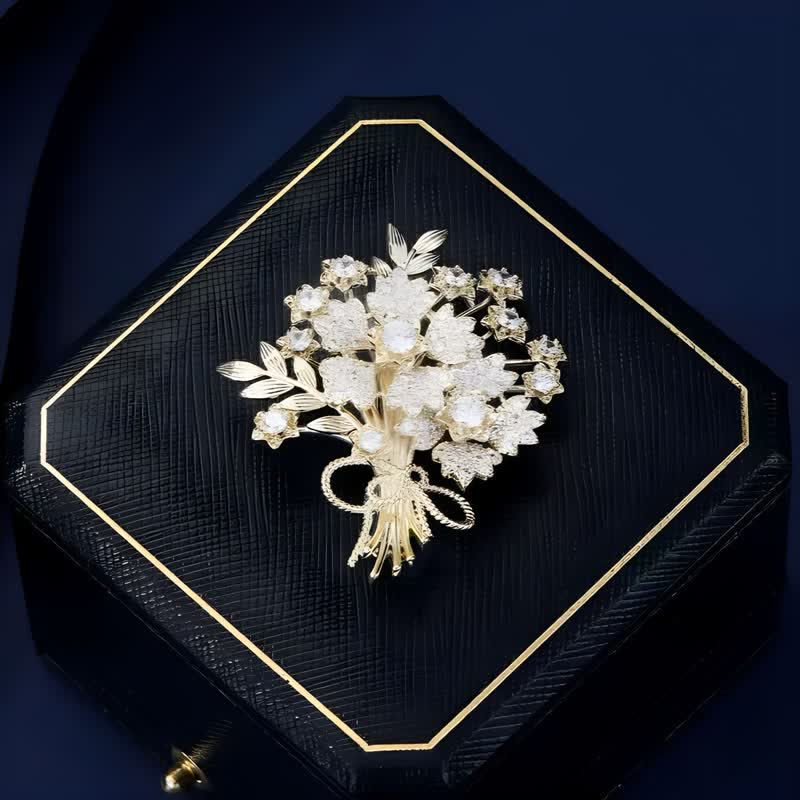 Broche bouquet de fleurs de mariée en strass dorés pour femme