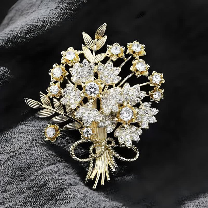 Broche bouquet de fleurs de mariée en strass dorés pour femme