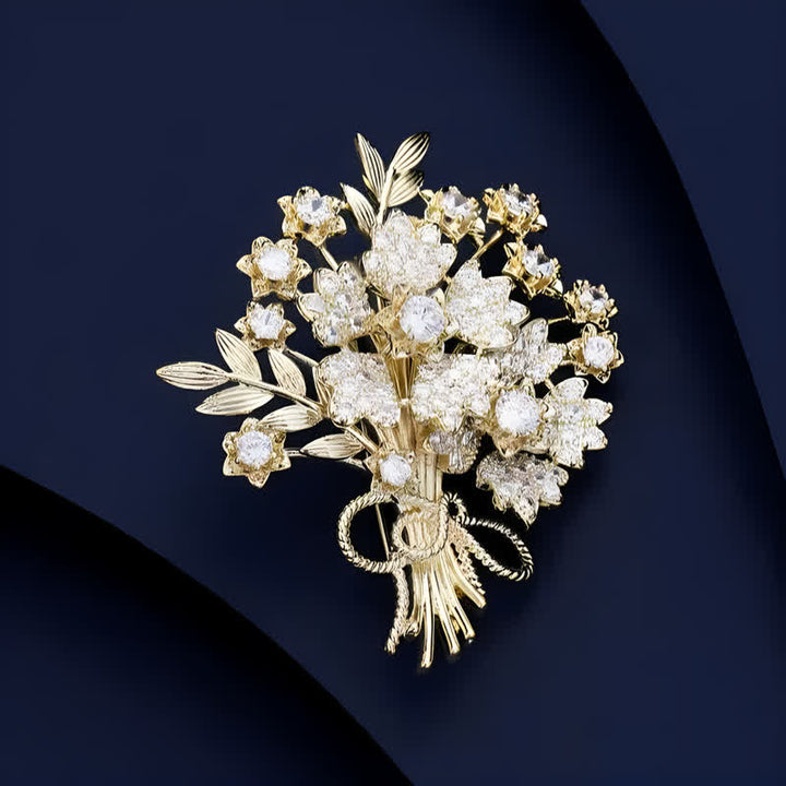 Broche bouquet de fleurs de mariée en strass dorés pour femme