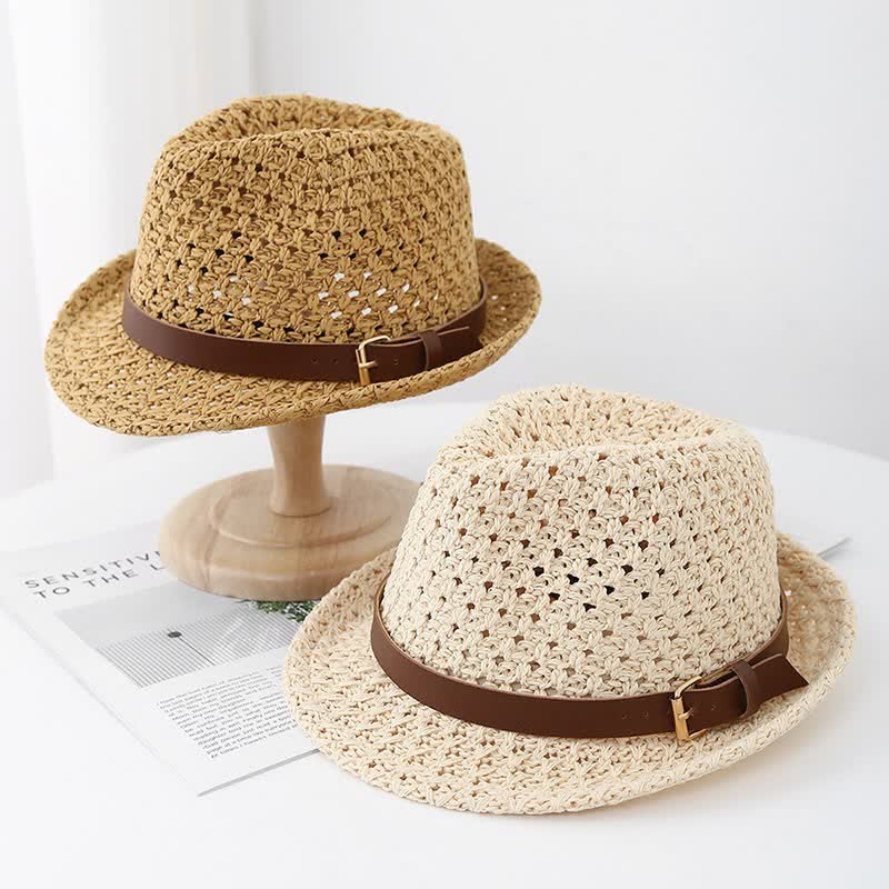 Chapeau Fedora en paille classique de style britannique pour homme avec sangles en cuir