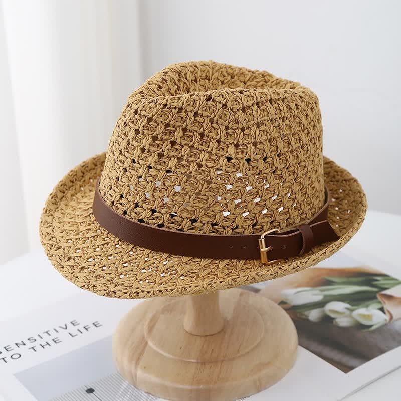 Chapeau Fedora en paille classique de style britannique pour homme avec sangles en cuir