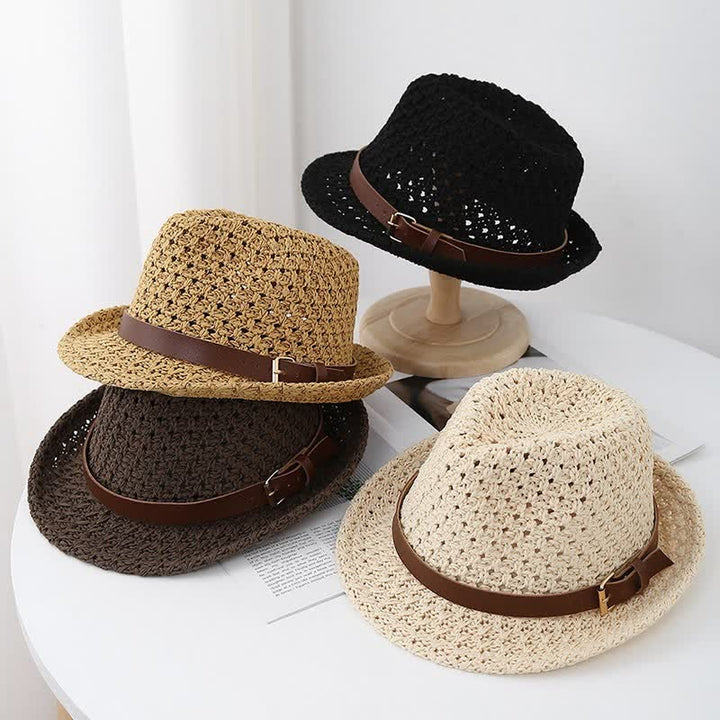 Chapeau Fedora en paille classique de style britannique pour homme avec sangles en cuir