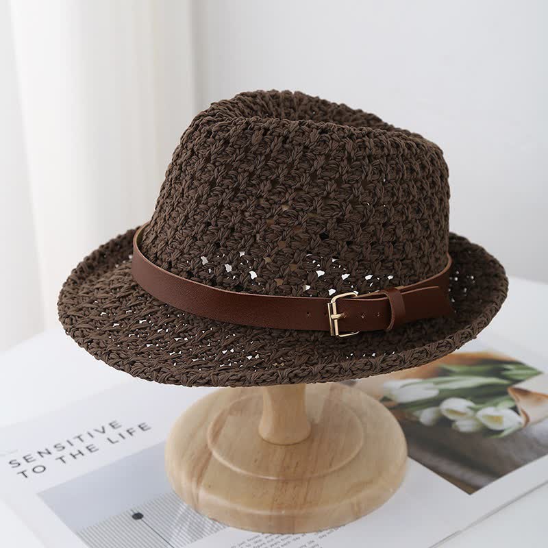 Chapeau Fedora en paille classique de style britannique pour homme avec sangles en cuir