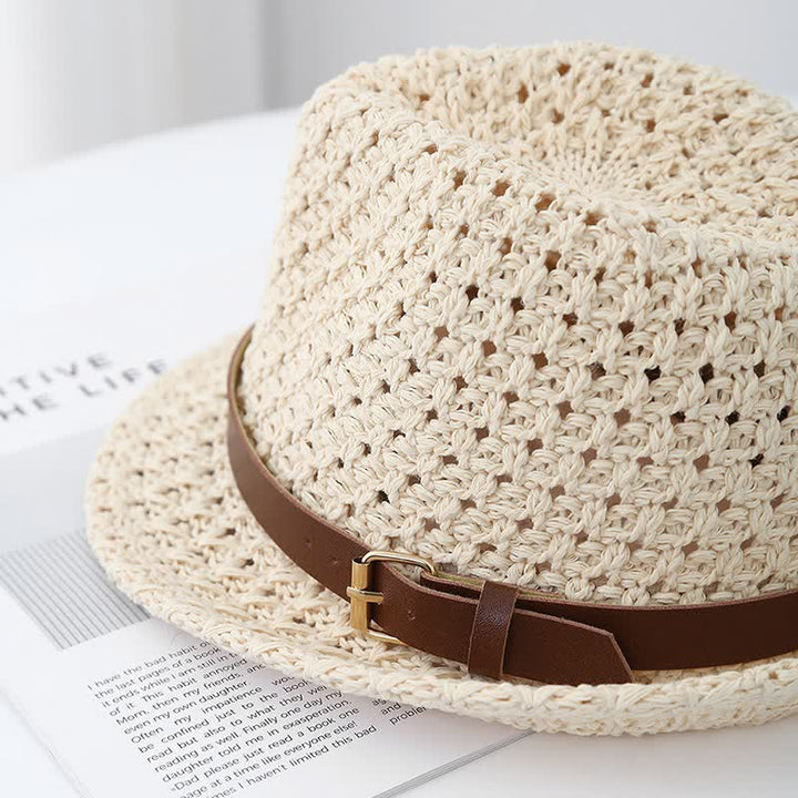 Chapeau Fedora en paille classique de style britannique pour homme avec sangles en cuir