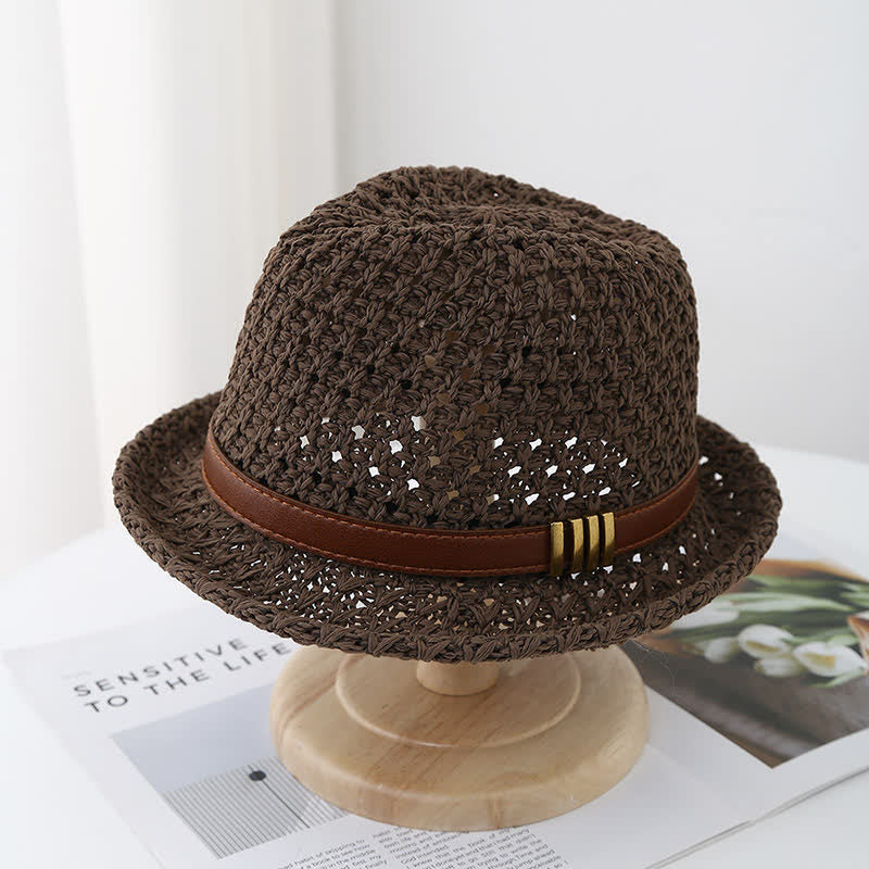 Chapeau Fedora d'été en paille creuse pliable pour homme avec sangle en cuir