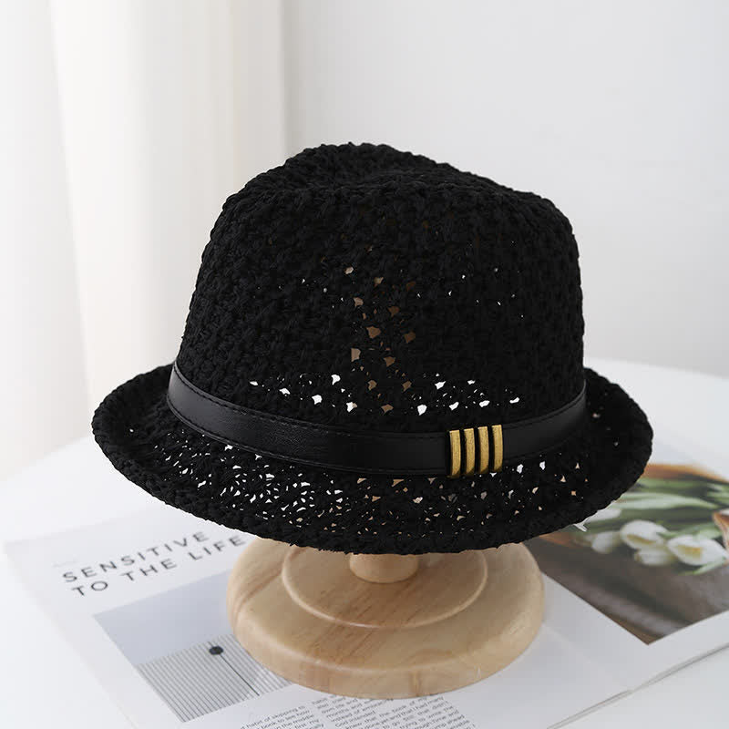Chapeau Fedora d'été en paille creuse pliable pour homme avec sangle en cuir