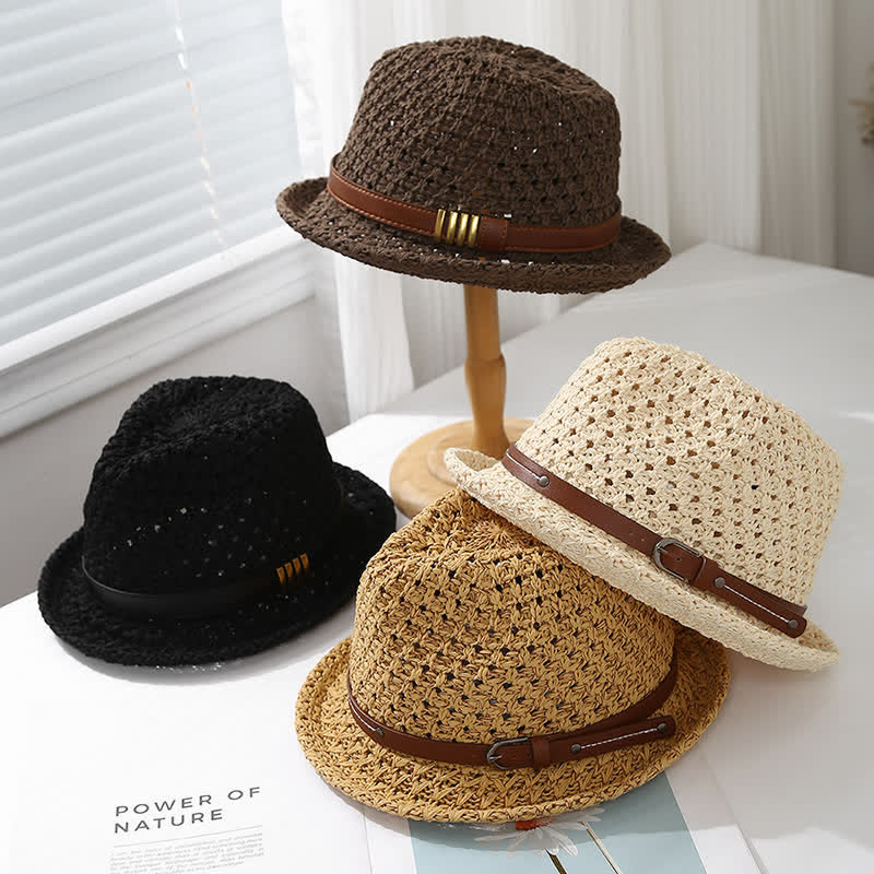 Chapeau Fedora d'été en paille creuse pliable pour homme avec sangle en cuir