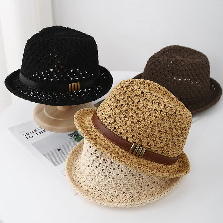 Chapeau Fedora d'été en paille creuse pliable pour homme avec sangle en cuir