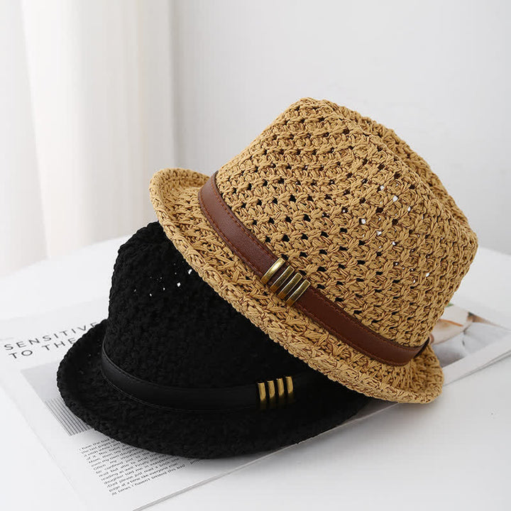 Chapeau Fedora d'été en paille creuse pliable pour homme avec sangle en cuir
