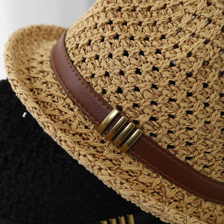 Chapeau Fedora d'été en paille creuse pliable pour homme avec sangle en cuir