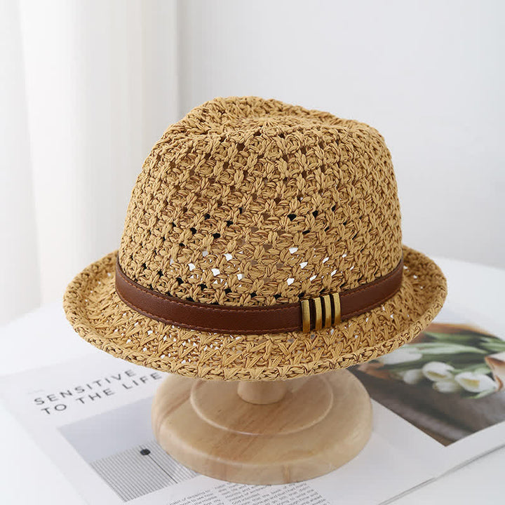 Chapeau Fedora d'été en paille creuse pliable pour homme avec sangle en cuir