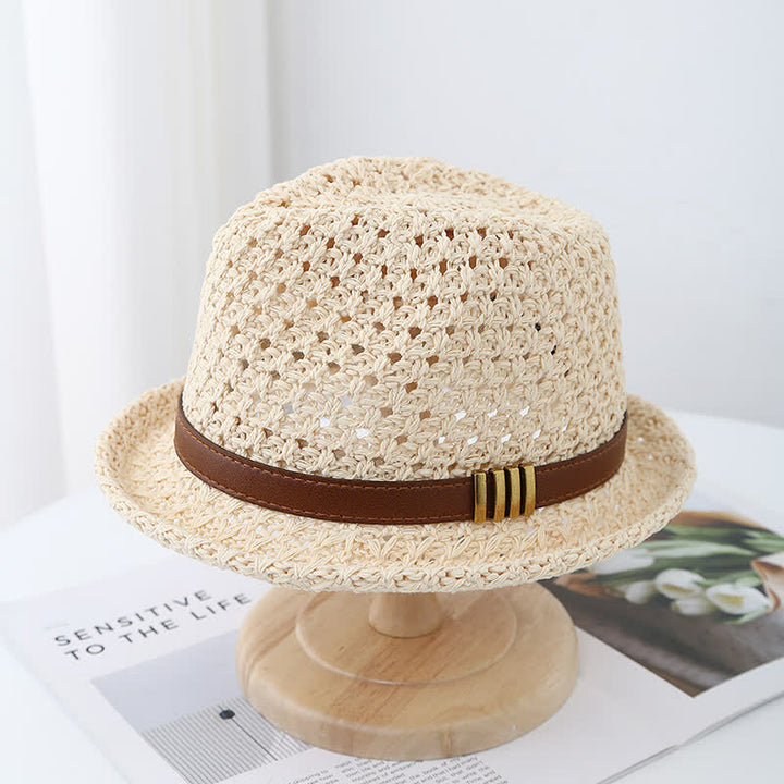 Chapeau Fedora d'été en paille creuse pliable pour homme avec sangle en cuir
