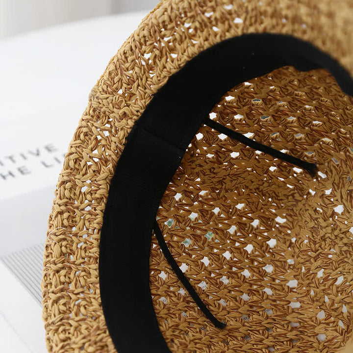 Chapeau Fedora d'été en paille creuse pliable pour homme avec sangle en cuir