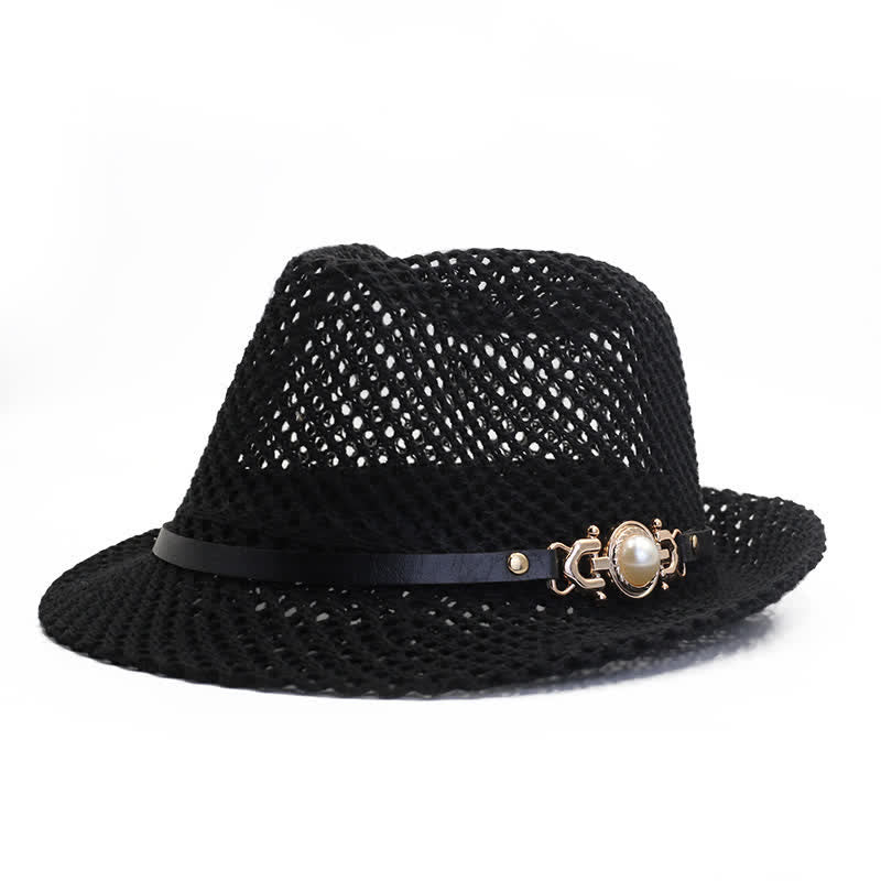 Chapeau Fedora Panama respirant en maille tricotée pour homme - Noir - Réglable (21 5/8"-23 1/4") - image 1