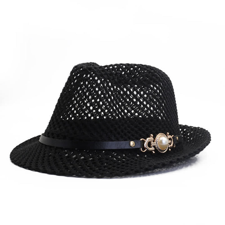 Chapeau Fedora Panama respirant en maille tricotée pour homme - Noir - Réglable (21 5/8"-23 1/4") - image 1