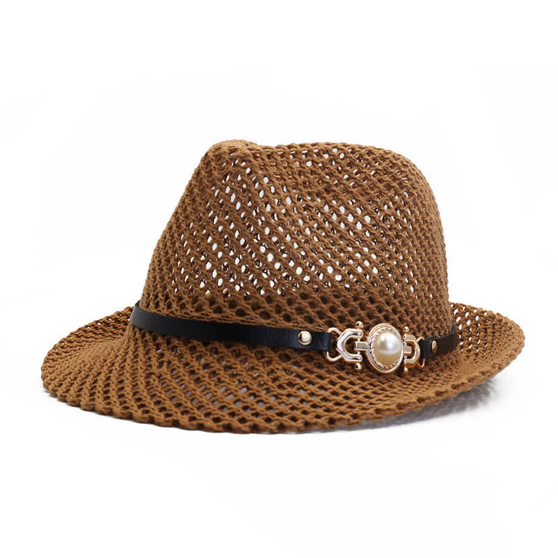 Chapeau Fedora Panama respirant en maille tricotée pour homme - Café - Réglable (21 5/8"-23 1/4") - image 0