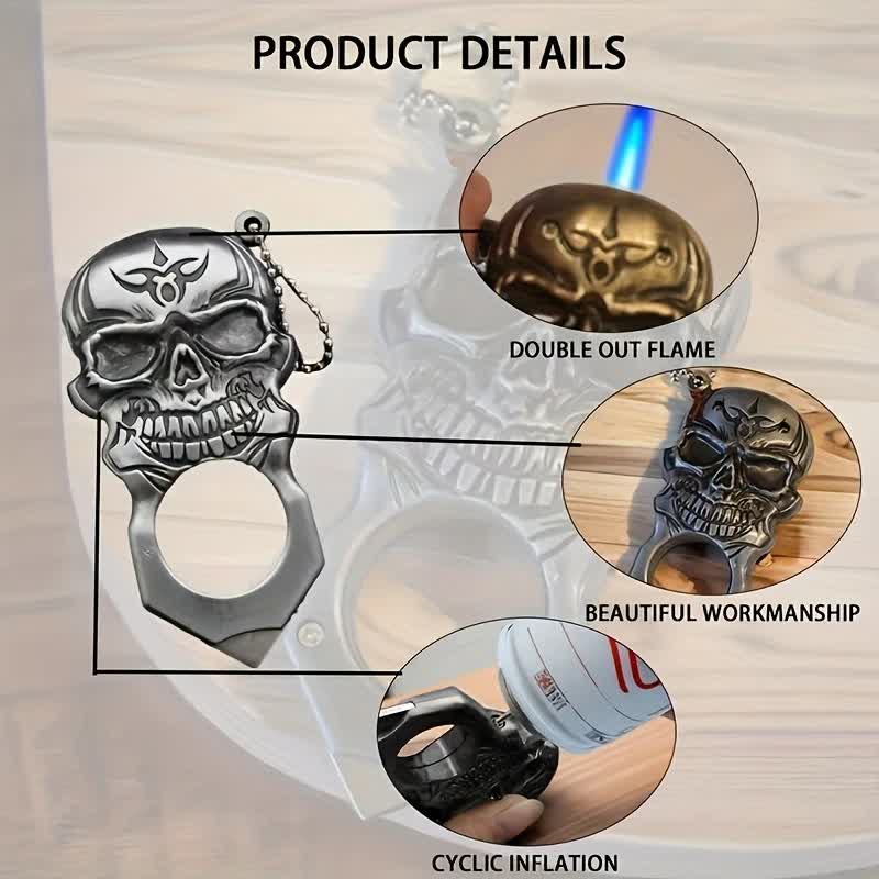 Briquet au butane multifonction avec tête de mort et porte-clés
