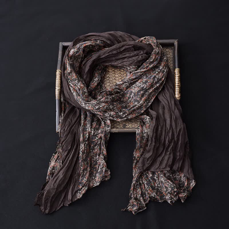 Écharpe fine en coton et lin à motif patchwork floral pour femme - Café - image 1