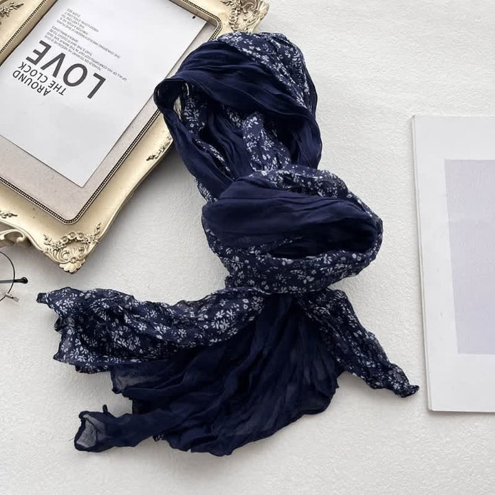 Écharpe fine en coton et lin à plis floraux artistiques pour femme
