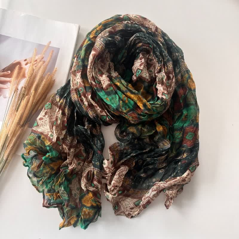 Écharpe fine plissée en coton et lin pour femme, style ethnique, pour l'automne