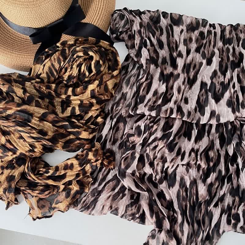 Écharpe fine plissée en coton et lin à imprimé léopard pour femme