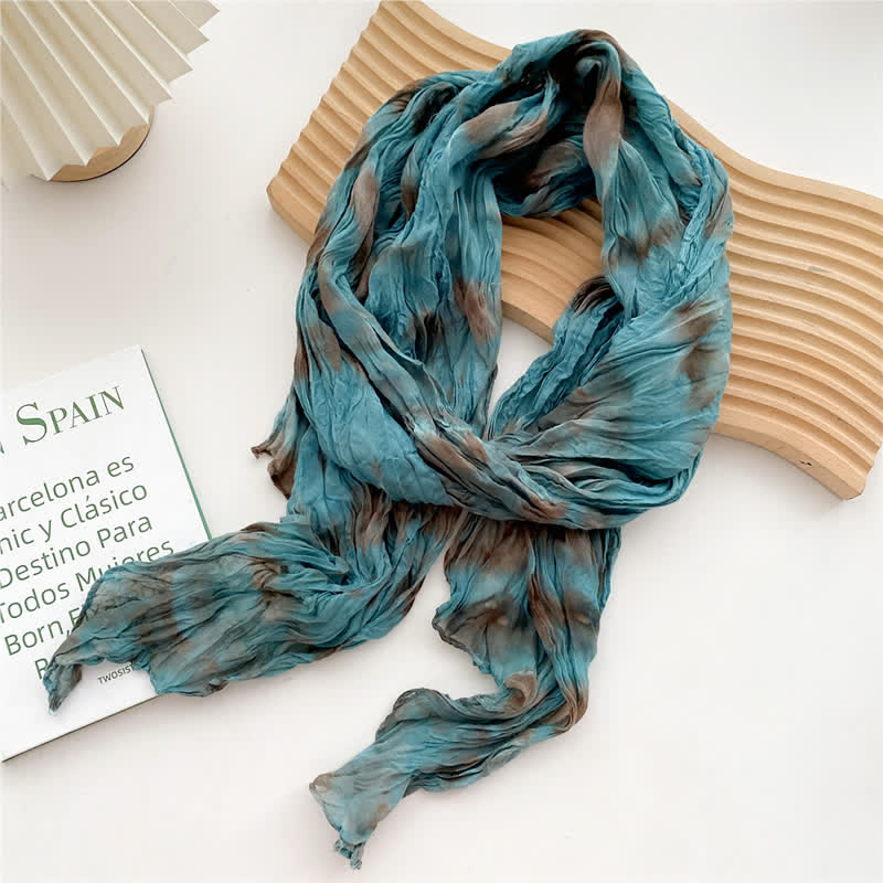 Écharpe longue et fine plissée tie-dye à la main pour femme - Cyan foncé - image 10