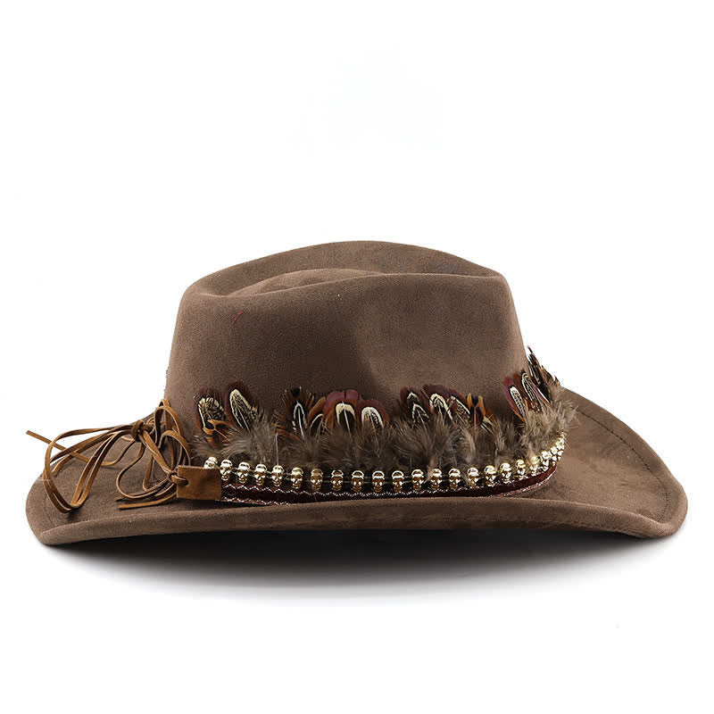 Chapeau de cowboy en daim à bande de plumes décoratives ethniques