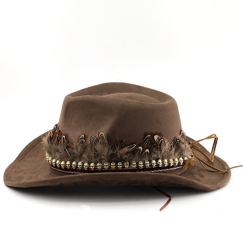Chapeau de cowboy en daim à bande de plumes décoratives ethniques