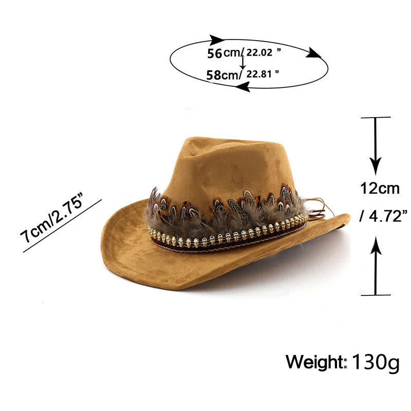 Chapeau de cowboy en daim à bande de plumes décoratives ethniques