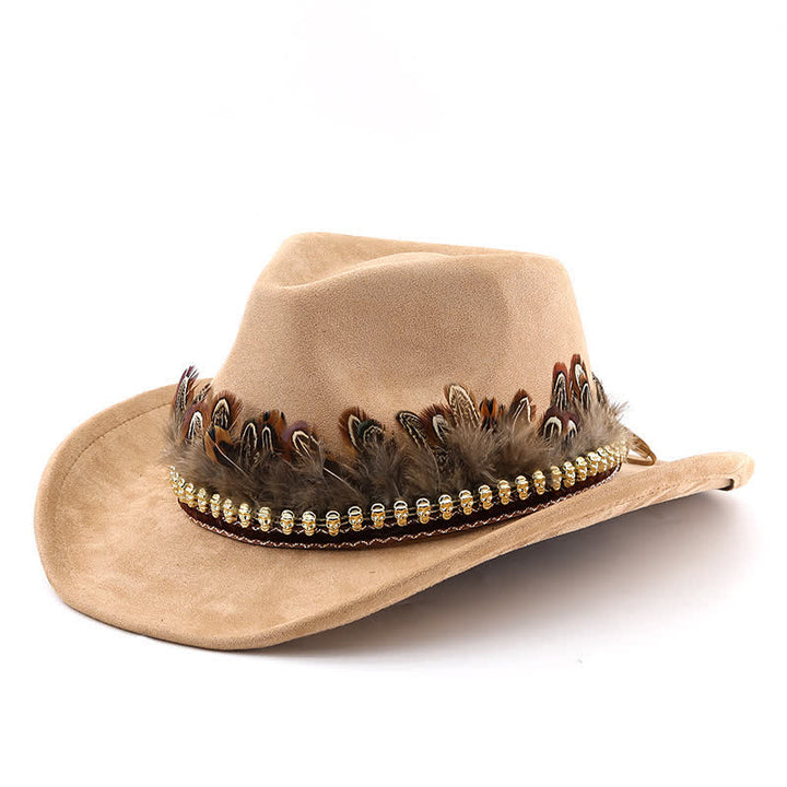Chapeau de cowboy en daim à bande de plumes décoratives ethniques