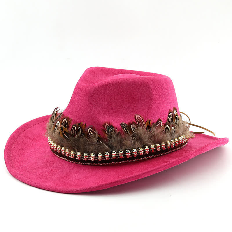Chapeau de cowboy en daim à bande de plumes décoratives ethniques - Rose - M (22"-22 7/8") - image 5