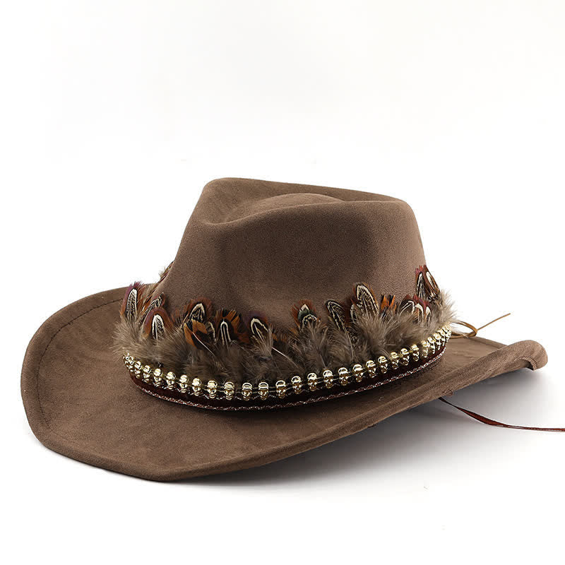 Chapeau de cowboy en daim à bande de plumes décoratives ethniques