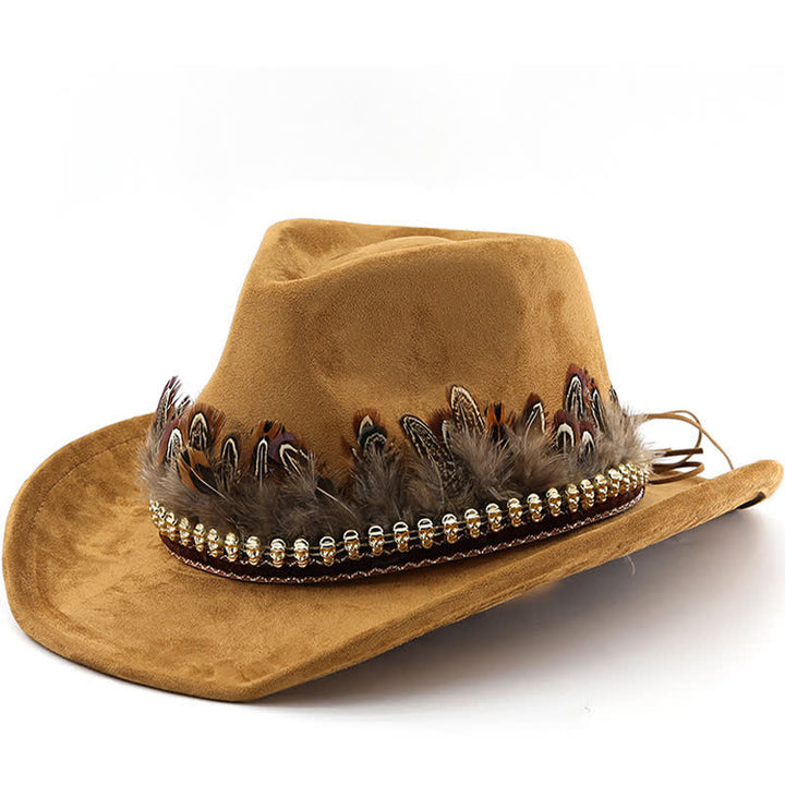 Chapeau de cowboy en daim à bande de plumes décoratives ethniques