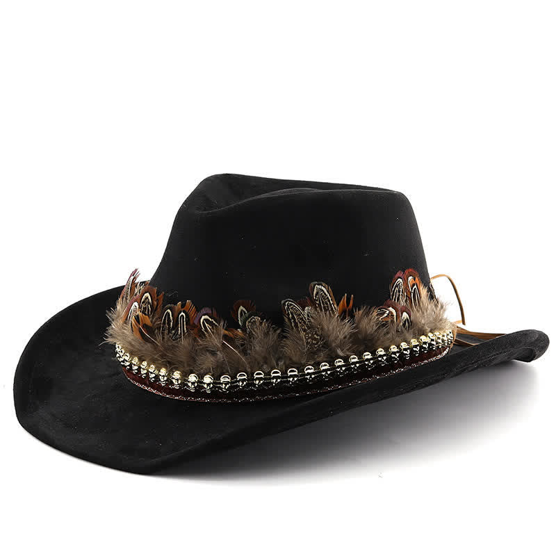 Chapeau de cowboy en daim à bande de plumes décoratives ethniques - Noir - M (22"-22 7/8") - image 4