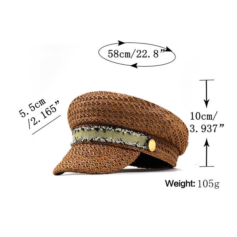 Béret en paille crochetée à dessus plat pour femme, bleu marine