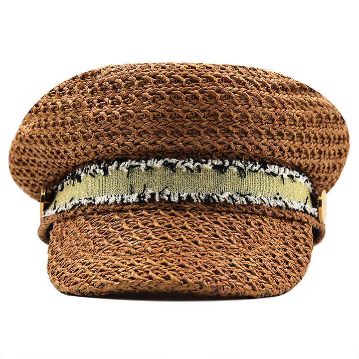 Béret en paille crochetée à dessus plat pour femme, bleu marine