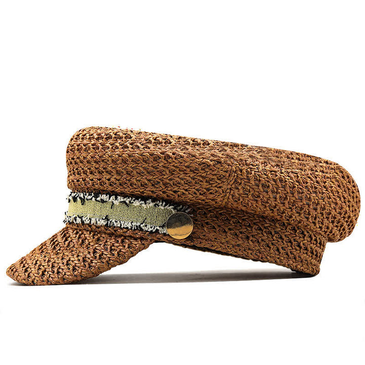 Béret en paille crochetée à dessus plat pour femme, bleu marine