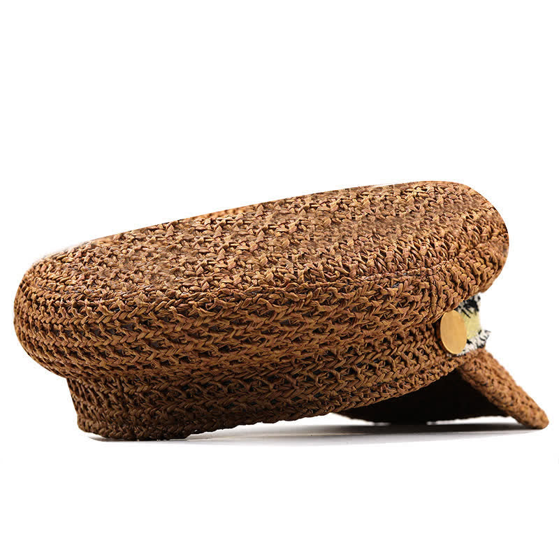 Béret en paille crochetée à dessus plat pour femme, bleu marine