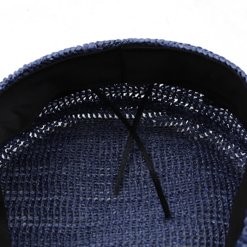 Béret en paille crochetée à dessus plat pour femme, bleu marine