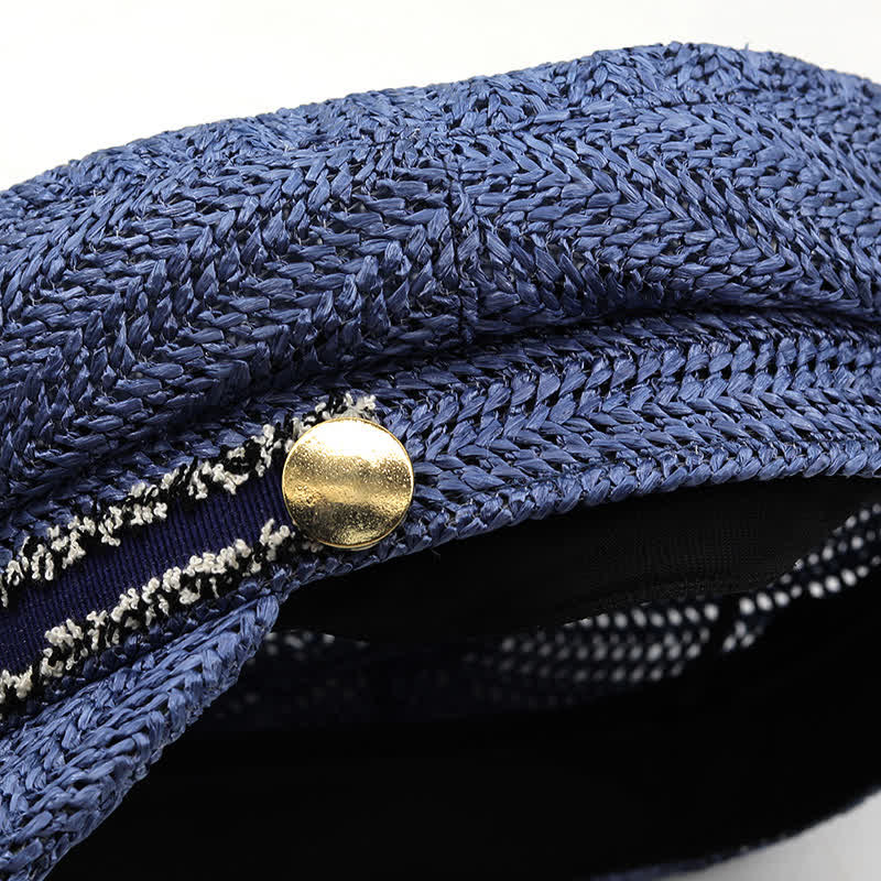 Béret en paille crochetée à dessus plat pour femme, bleu marine