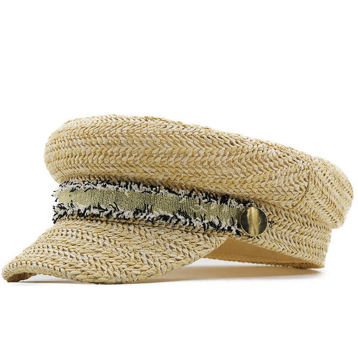 Béret en paille crochetée à dessus plat pour femme, bleu marine
