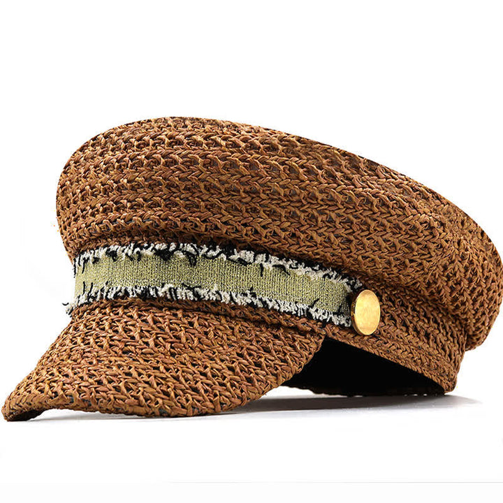 Béret en paille crochetée à dessus plat pour femme, bleu marine