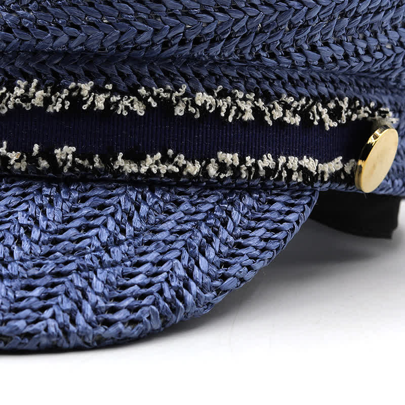 Béret en paille crochetée à dessus plat pour femme, bleu marine