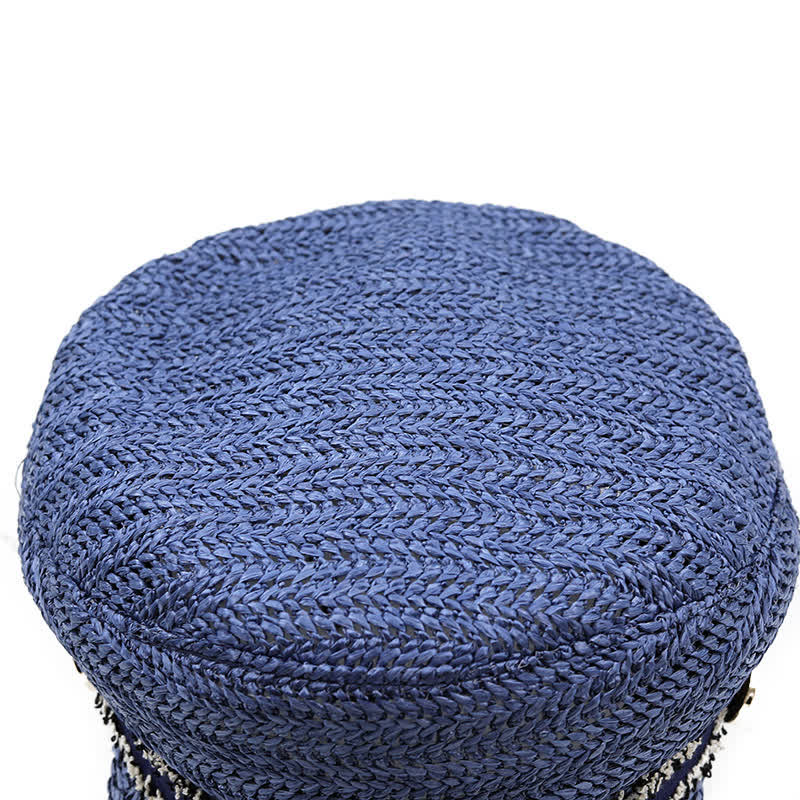 Béret en paille crochetée à dessus plat pour femme, bleu marine