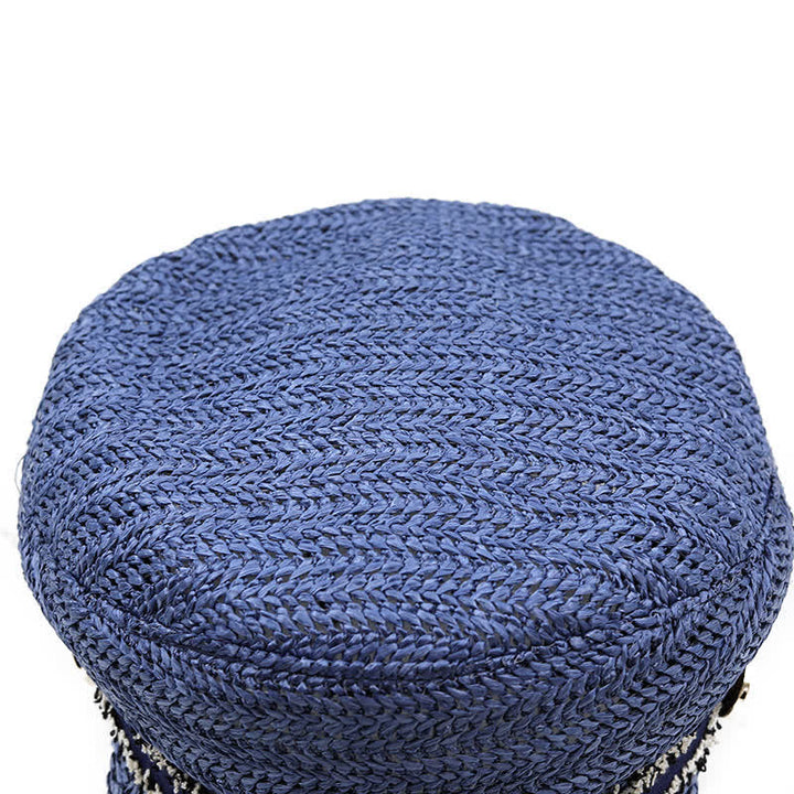 Béret en paille crochetée à dessus plat pour femme, bleu marine