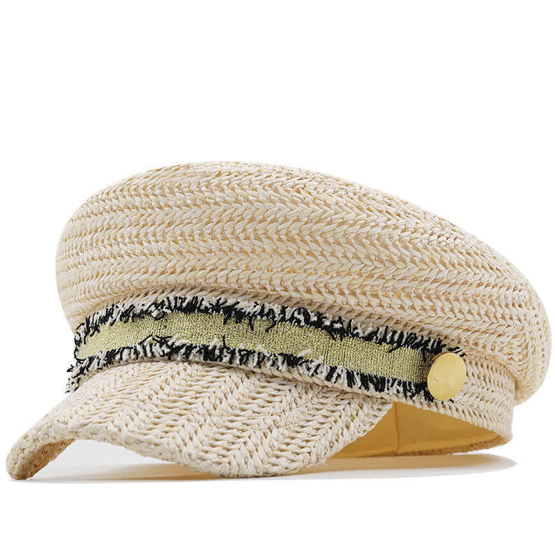 Béret en paille crochetée à dessus plat pour femme, bleu marine