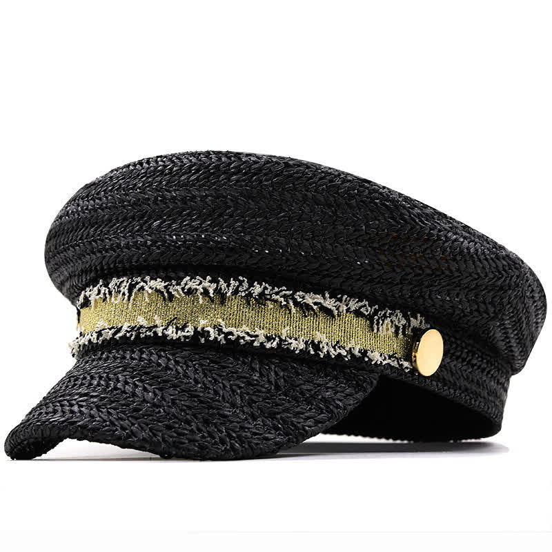 Béret en paille crochetée à dessus plat pour femme, bleu marine